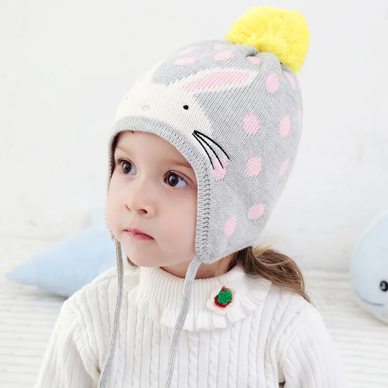 Зимняя шапка ушанка для девочек Осенняя вязаная с теплым кроликом детская