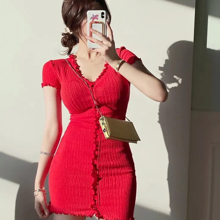 

2021 Summer Women's V-neck Short Sleeve Skinny Mini Dress Sexy Casual Solid Color Dress Feme