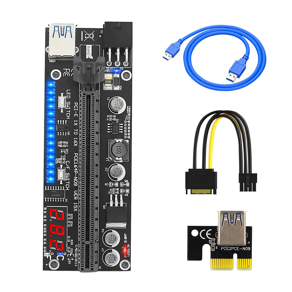 

Плата адаптера PCI-E с кабелем 6-контактного к SATA, PCI-E 1x адаптер PCI-E 1x к 16x, удлинитель для майнинга BTC ETH
