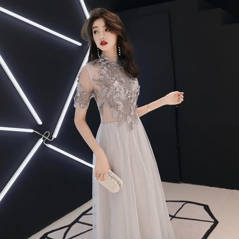 Beauty Emily, очаровательное вечернее платье с высоким воротом и коротким рукавом, элегантное кружевное платье с аппликацией на молнии сзади, Тюлевое платье для выпускного вечера на заказ