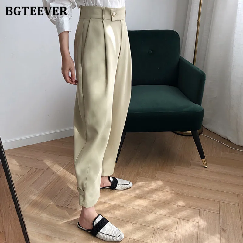 

BGTEEVER Casual Loose Solid Ankle-length Pant Women High Waist Button Women Wide Leg Pants 2021 Spring Summer Ladies Suit Pants