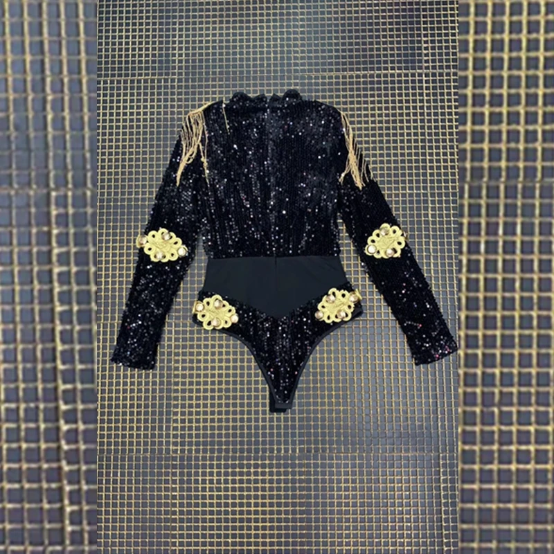 

Black Fashion Button Tassel Sequin Bodysuits Women Long Sleeve High Collar Appliques Sexy Bodycon Party Club Bodysuit 2019