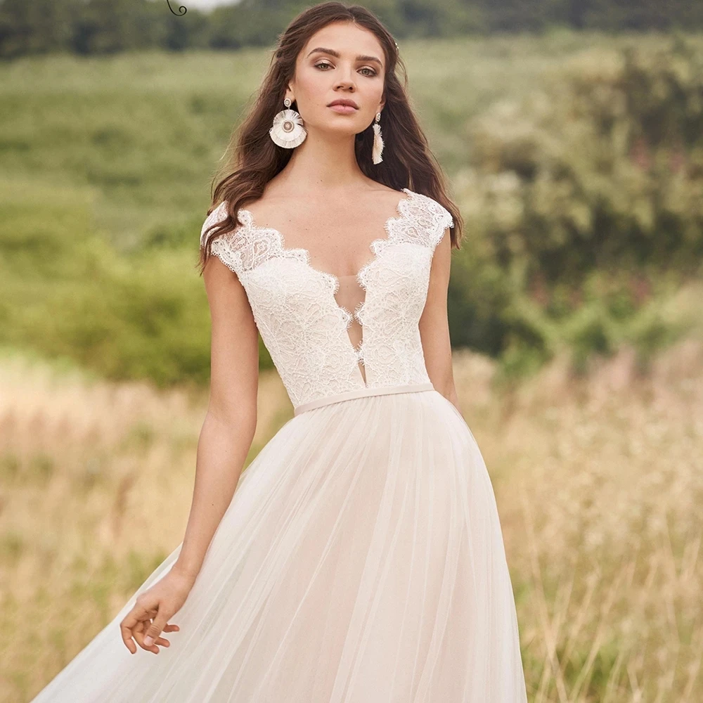 

HERBURNL Sexy V Neck Wedding Gowns Dresses Applique Lace Chiffon Long Length Illusion Sleeveless Stylish Fashion For Women