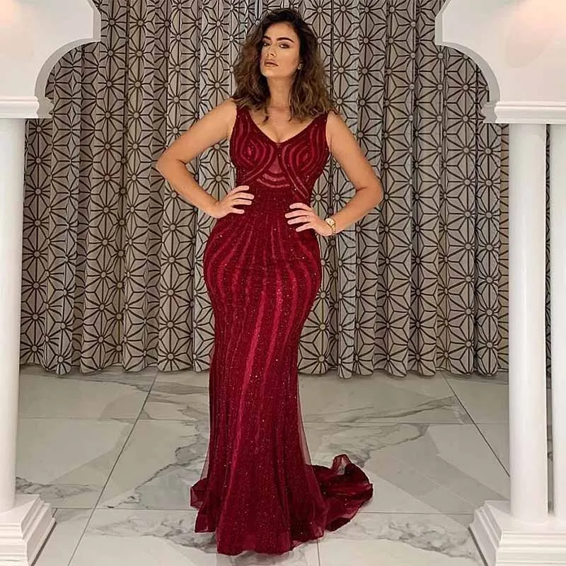 

New Classic Wine Red Long Evening Dress Mermaid V Neck Stones Beaded Formal Evening Gowns Backless Real Photos