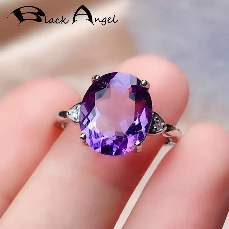 

BLACK ANGEL 925 Silver Elegant Created Amethyst Ring For Women Purple Tourmaline Gemstone Ladies Resizable Rings Fine Jewelry