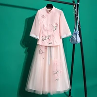 2022 embroidered linen cotton top spring autumn chinese traditional hanfu super fairy bust chiffon skirt suit female student set