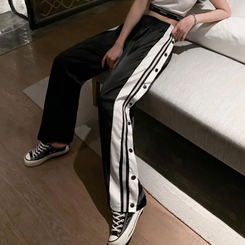 

2021 Women Joggers Sweatpants Casual Wide Leg Pants Women Stripe Hip Hop Sweat Pants Streetwear Women Button Trousers Vintage