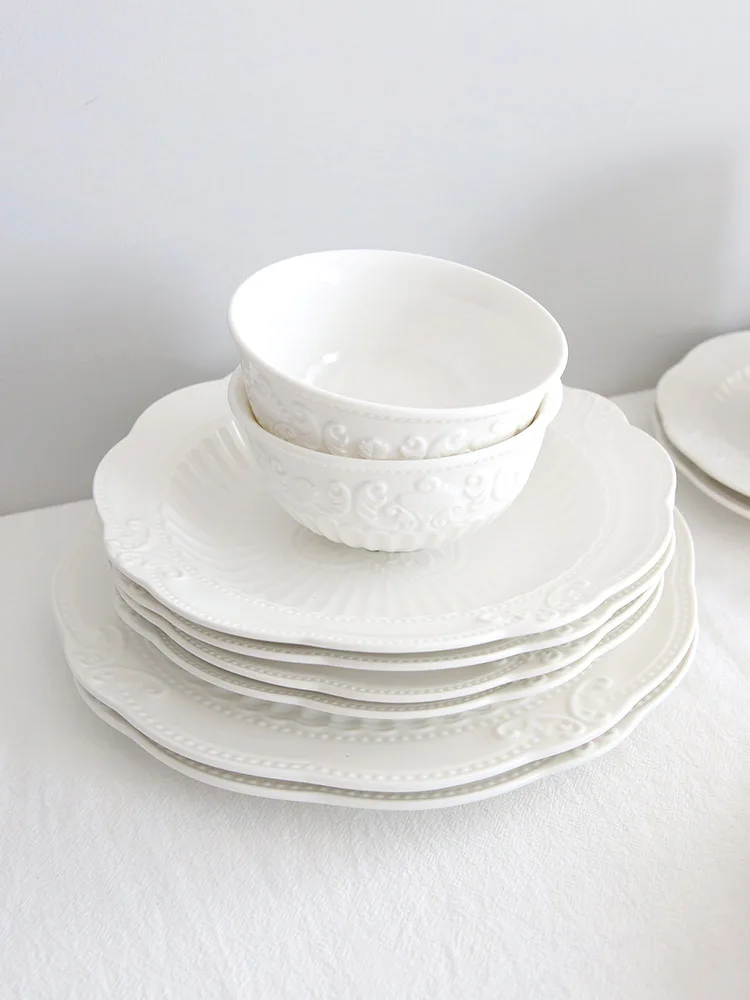 Роскошные белые резные дизайнерские обеденные тарелки посуда для стейка