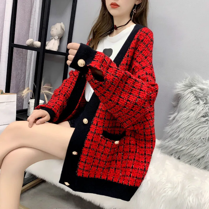Women Sweater Jacket 2020 Oversized Knitted Cardigans Loose Plaid Jumpers Korean Clothing Robe Long Coat sueter feminino OK492 |