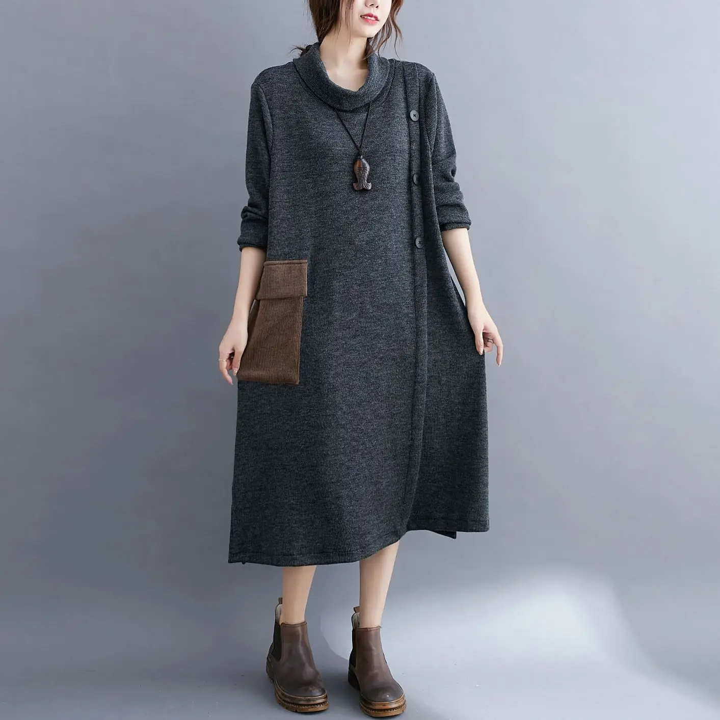 

2021 Winter Turtleneck Women Dress Loose Plus Size Long Sleeve Dress with Big Pockets Fashion Style Oversized Women Clothing