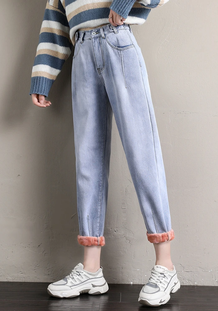 

2020 Fashion women's winter jeans high waist woolen woman trousers harem warm pants for women thick denim jeans warm jeans women
