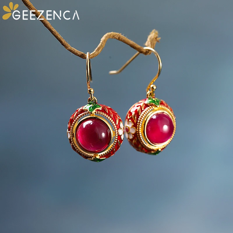 

Vintage 925 Sterling Silver Thai Red Corundum Enamel Gemstone Drop Earring For Women Retro Ethnic Handmade Cloisonne Earrings