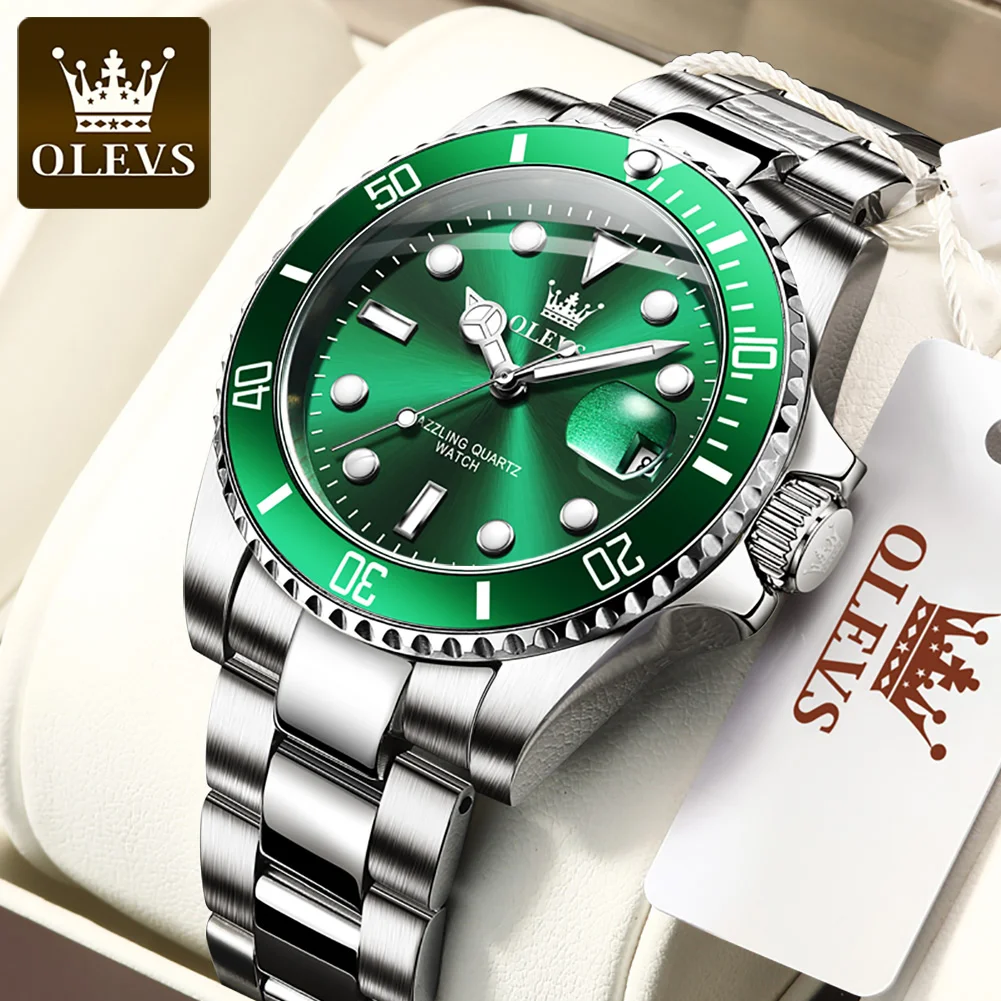 

Новинка 2023, мужские часы с зеленым циферблатом, роскошный календарь OLEVS, полностью стальные водонепроницаемые кварцевые часы, мужские спорт...