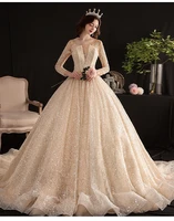 shiny luxury wedding dress long sleeve champagne lace sequins beaded princess scoop neck arabic dubai ball gown bride gowns long