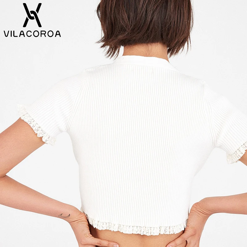 

Sexy V Neck Crop Top Women T Shirt White Lace Splice Bodycon High Waist Knitted T Shirt Vintage Button Casual Slim Top Female