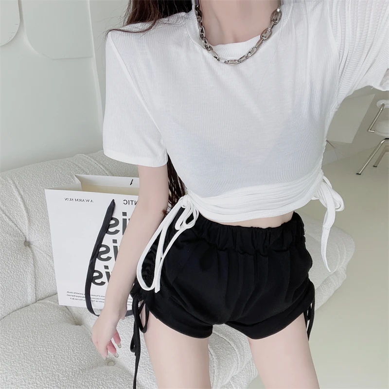

WOMENGAGA Two-piece Set Women Summer Side Drawstring Short Sleeve T-shirt High Waist Solid Color Bandage Hot Shorts JD55
