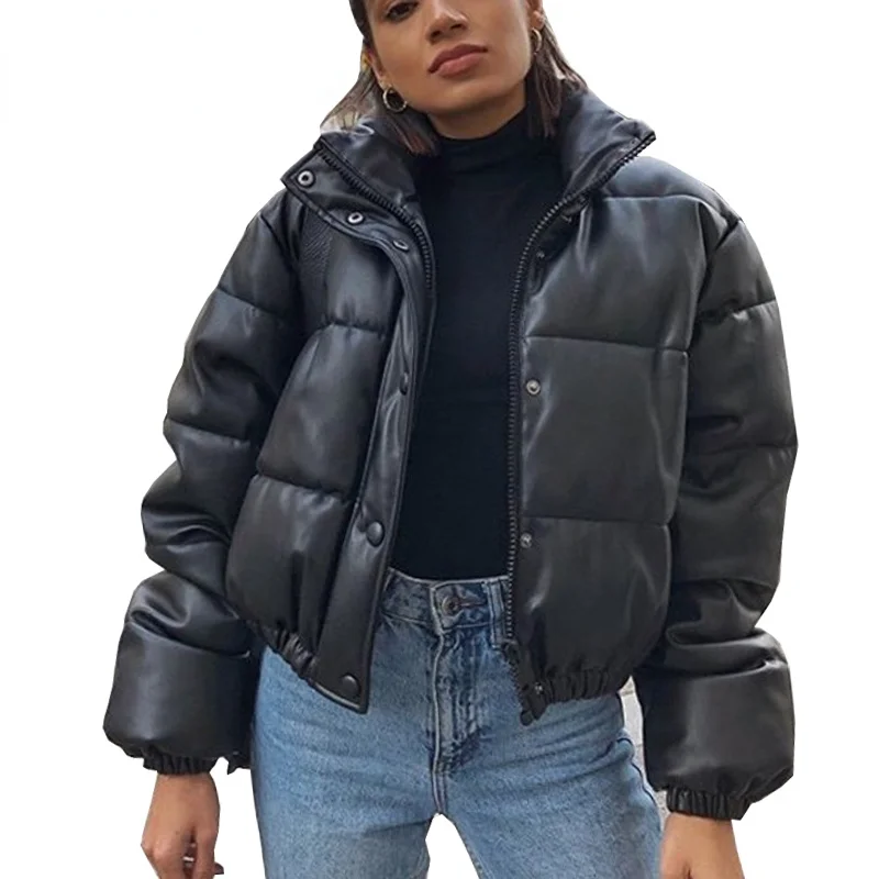 

Winter Thick Warm Short Parkas 2021 New Women Black PU Leather Coats Female Elegant Green Brown Cotton Padded Jackets 5 Colors