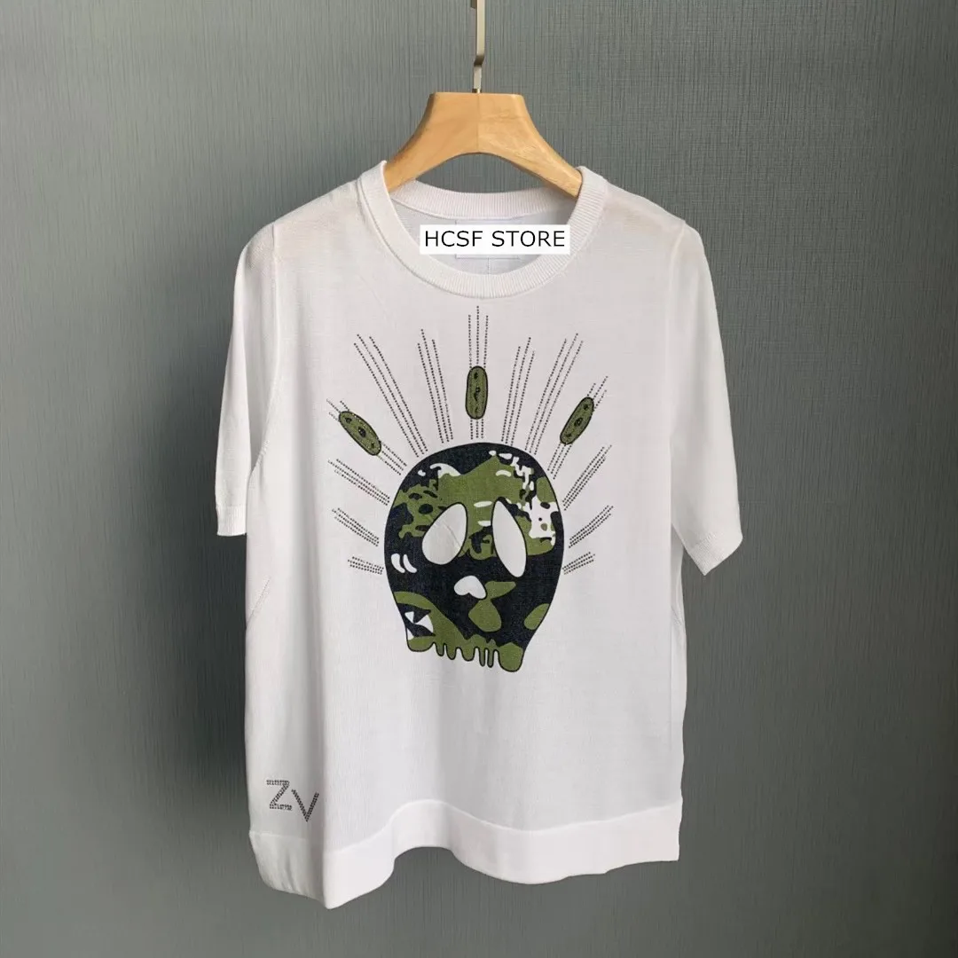 

Women's Skull Rhinestone Short Sleeve 100% Linen Summer 2021 Fashion T-shirt