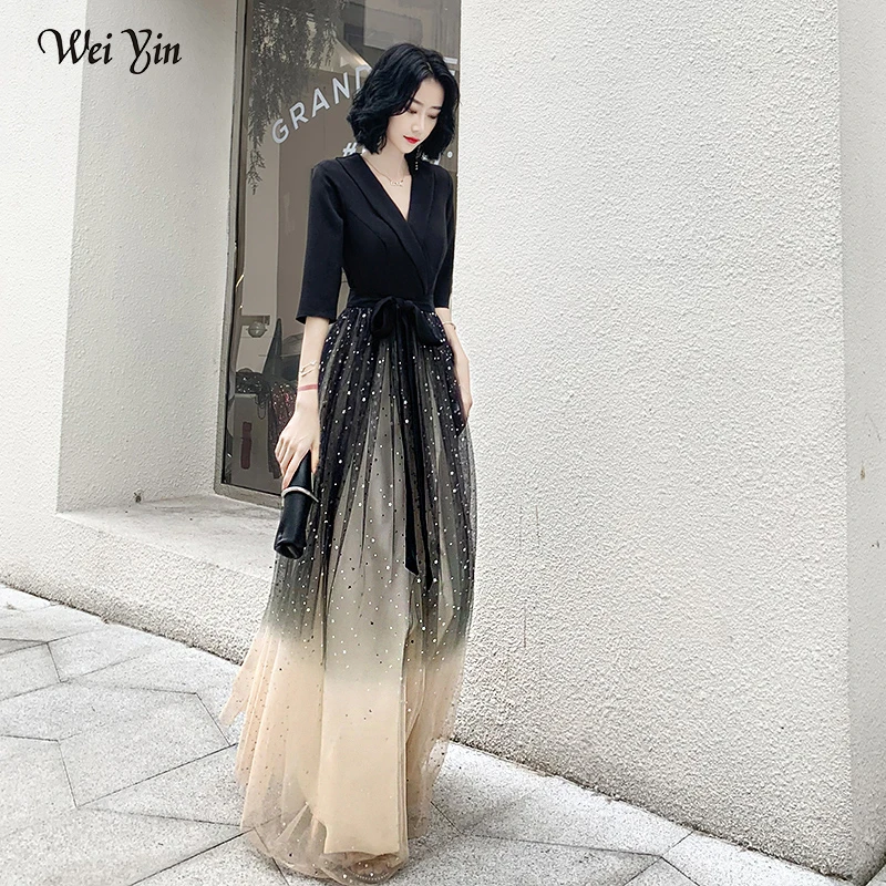 Wei yin AE0204 черные вечерние платья с v-образным вырезом, а-силуэт, рукав до пола, блестящее пикантное вечернее платье Robe De Soiree