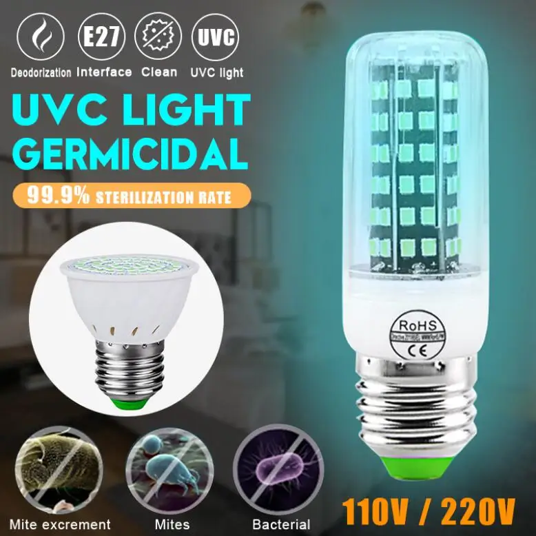 110V-220V E27 УФ-лампа для дезинфекции 2385 SMD LED Стерилизация 250нм УФ-Светлый гермицидный лампочка дезинфекция.