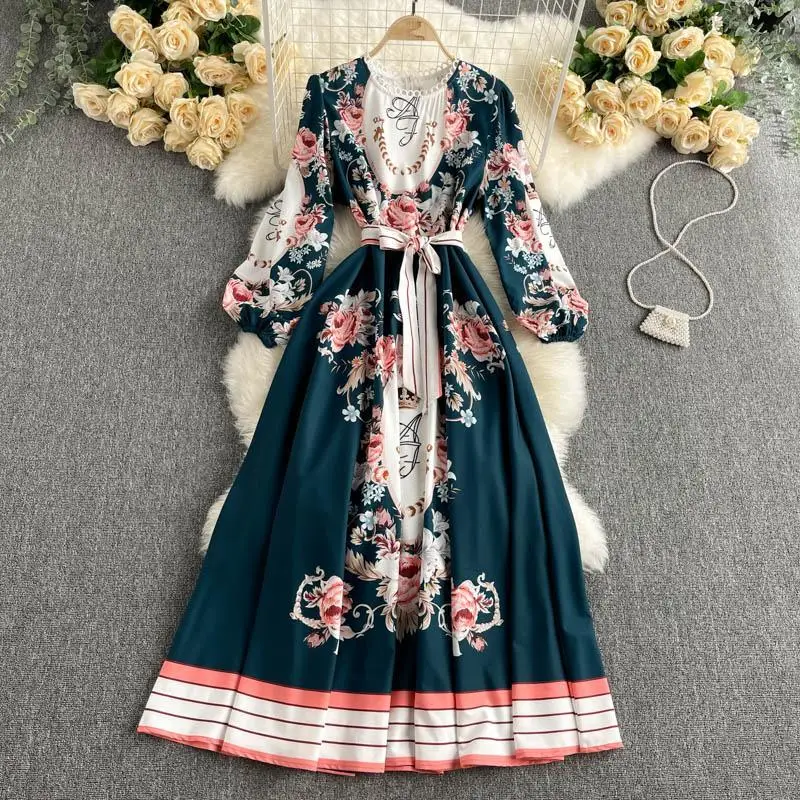 

New Vintage Print palace dress women's spring and autumn o-neck big swing A-line dress street style Maxi Robes Pink Dress 2021