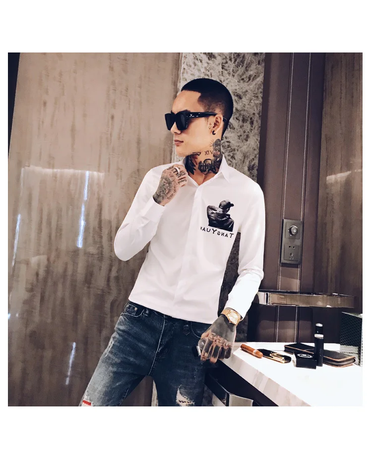 Осенняя мужская рубашка с принтом Camisa Hombre Повседневная приталенная рубашка Мужская Уличная рубашка Camisas Hombre черный смокинг для ночного клуба
