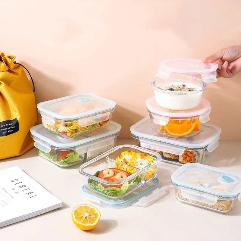 Kühlschrank Crisper Aufbewahrungsbehälter Glas Lunchbox Mikrowellengeeignete Bento Box Tragbare auslaufsichere Lebensmittelbox für Picknick mit