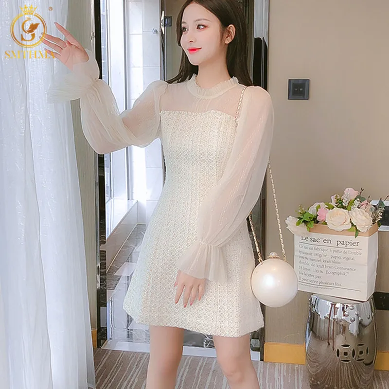 SMTHMA Новое модное женское блестящее Сетчатое платье с длинным рукавом милое