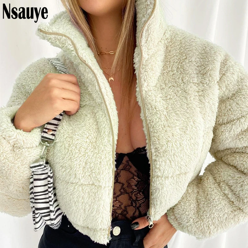 

Nsauye 2021 Winter New Female Casual Plush Warm Thick Cotton Jackets Outwear Fashion Black Parkas Women Zipper Short Overcoat