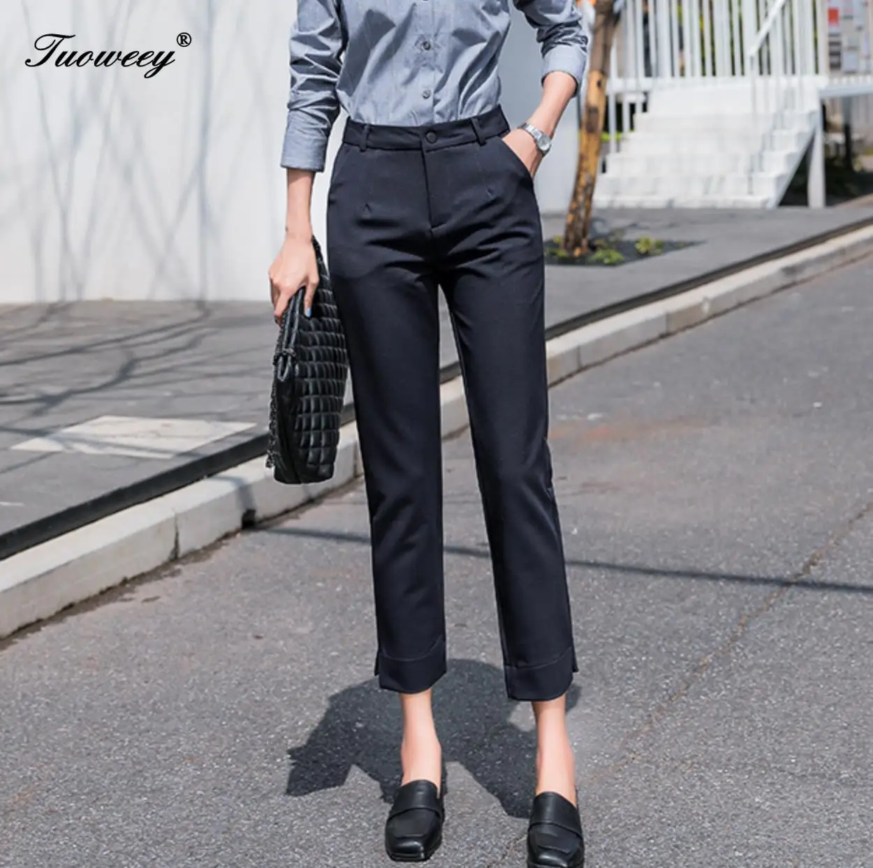 

Women black Mid Waist Suit Pants Plus Size Casual Work OL Pants 2019 Spring Autumn Career Pants Fashion ninth Trousers