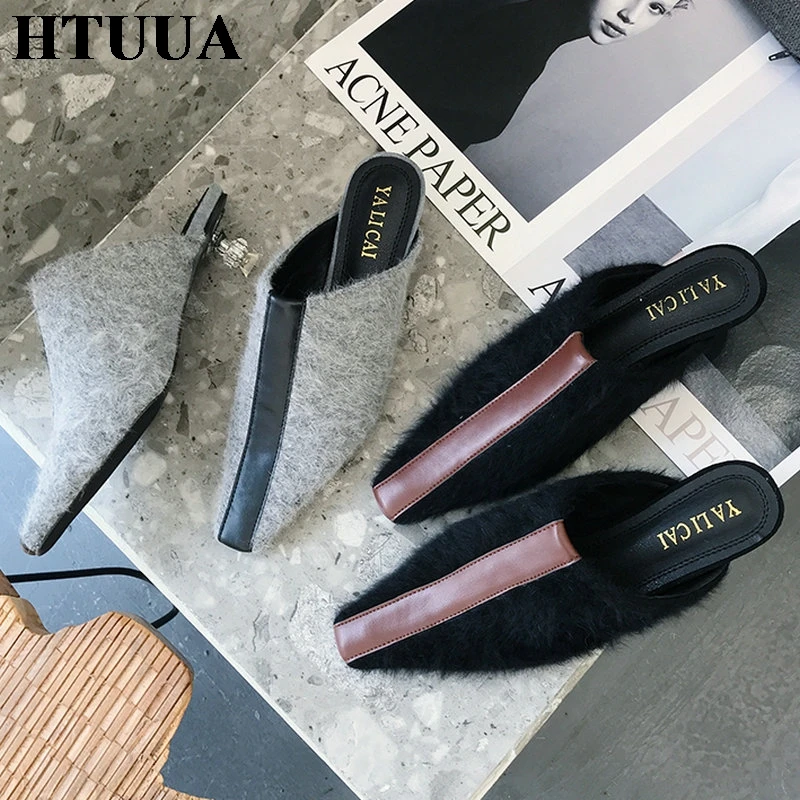HTUUA/осенне-зимняя обувь из флока на меху; женские шлепанцы на низком прозрачном каблуке с квадратным носком; Лоферы без застежки; SX3239