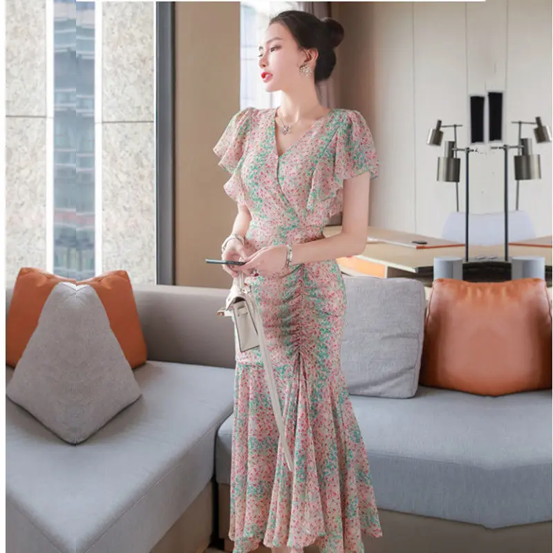Celebrity Temperament Dress Women's Summer 2021 New V-neck Waist Slim Fishtail Skirt Lotus Leaf Side Sleeves Long Skirt S-XL