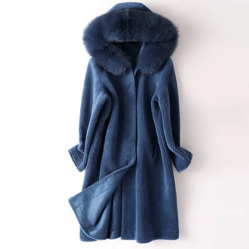 blue Женское зимнее пальто из настоящей овечьей шерсти с воротником из натурального Лисьего меха, Длинная женская куртка с капюшоном, пальто из овечьей шерсти, верхняя одежда E149 - Цвет: blue