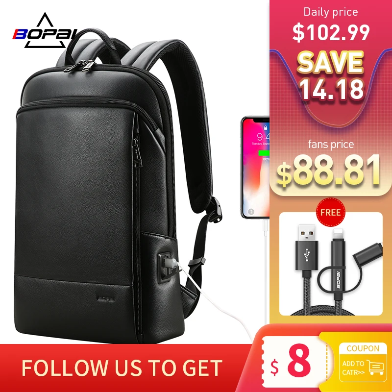 bopai men backpack genuine leather slim laptop backpack for 15 6 inch fashion office waterproof business backpacks mochila free global shipping