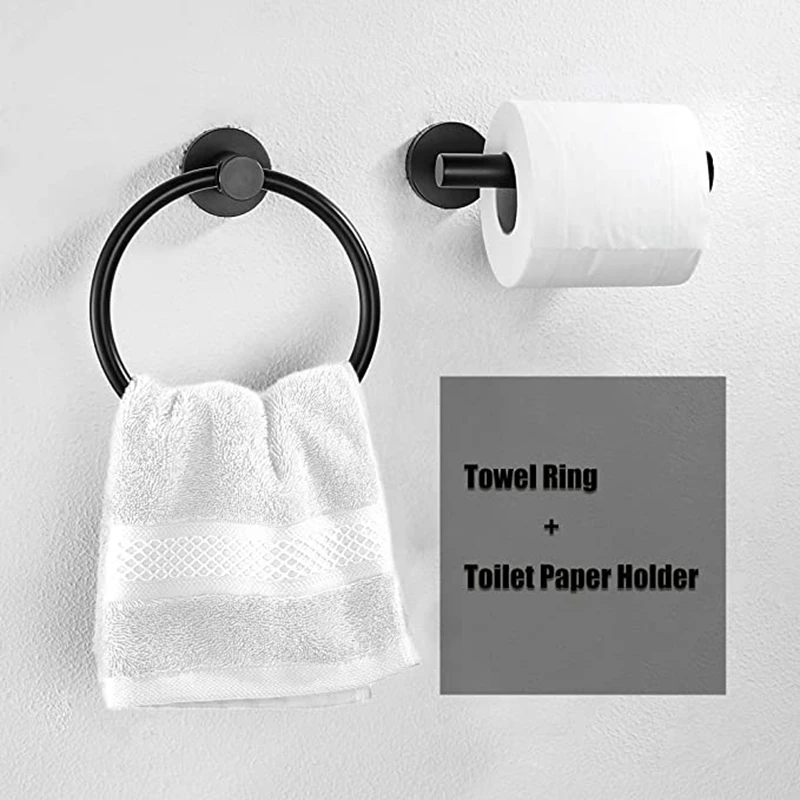 

2Pcs Bathroom Hardware Black Towel Ring and Toilet Paper Holder Stainless Steel Bathroom Hand Towel Holder Towel