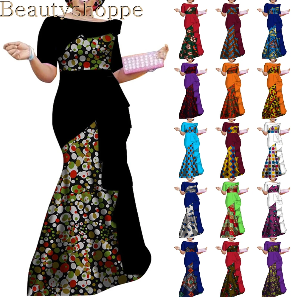 African Short Sleeves Print Floral for Women Lotus leaf Maxi Kaftan Prom Bazin Riche Clothing | Тематическая одежда и