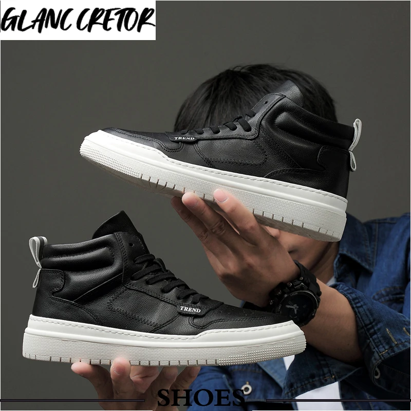 

Luxury Brand mens casual sneakers waterproof lace up flats solid color shoes Men shoes leather fashion High Tops Male boots