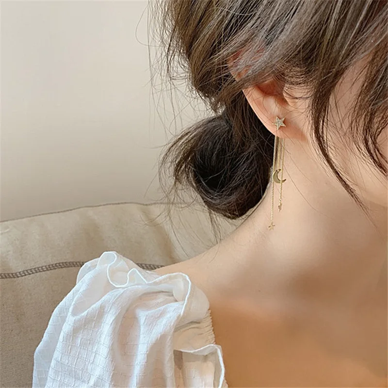 

2020 New Korean Crystal Trendy Exquisite Star Moon Long Tassel Dangle Earrings For Women Temperament Crystal Pendant Jewelry
