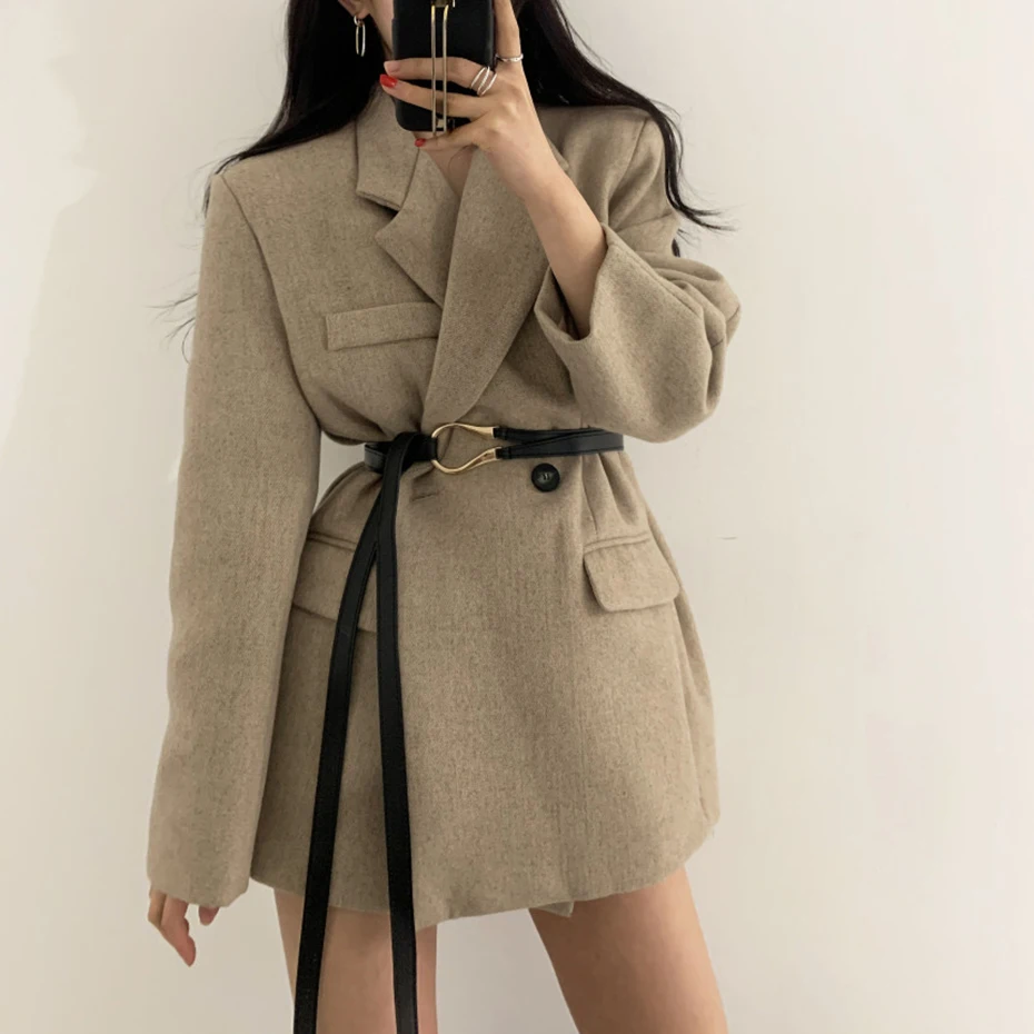 

Women's Suit Blazer Double-breasted Button Design Slim Long Sleeve Woolen Coat with Belt Elegant Lapel Suit Jacket Coat Female