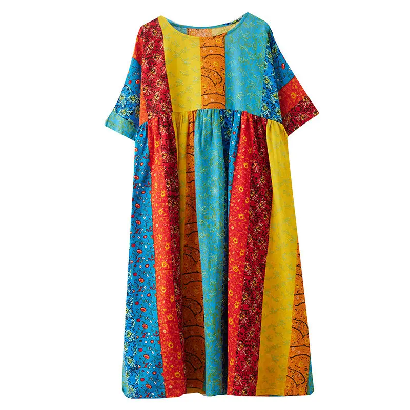 

Fashion 2021 New Summer Women Dress Vintage Striped Cotton Dress Casual Loose Half Sleeve O-Neck Elegant Office Lady Dresses