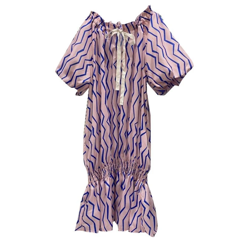 

Slash Neck Wave Spray Loose Bubble Sleeve Fishtail Dress Women 2021 Summer New Small Fragrance Dresses