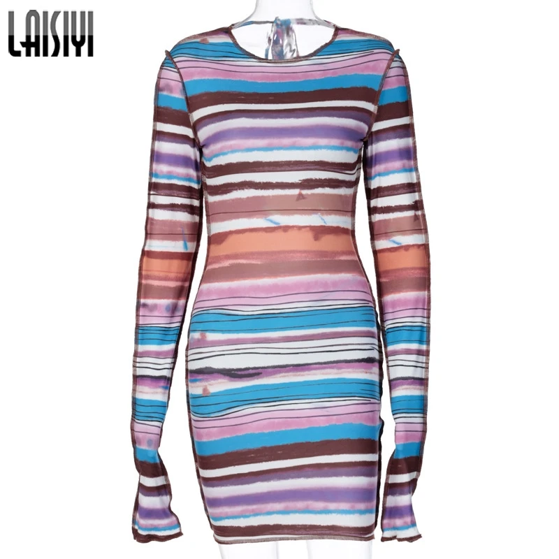

LAISIYI Backless Hot Sexy Striped Bandage Women Mini Dress Long Sleeve Skinny Club Bodycon Dresses Fashion Birthday Outfits