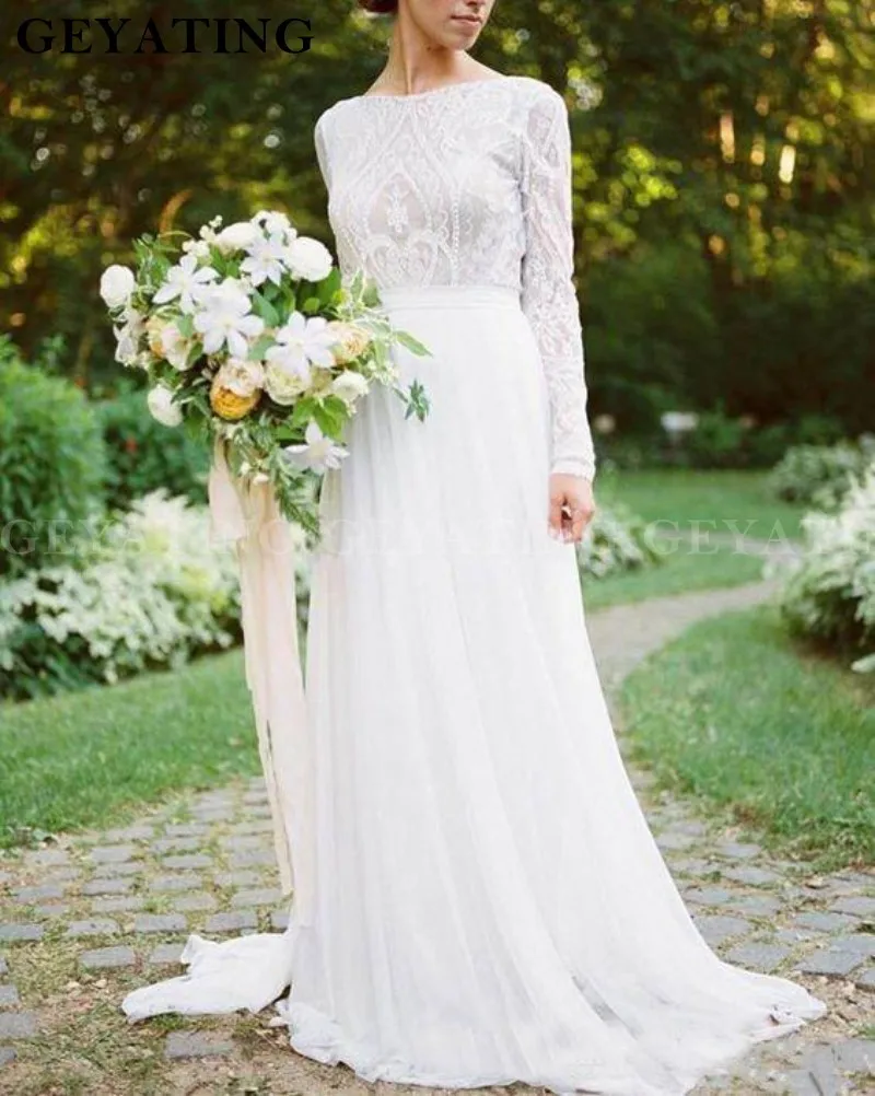 same as picture Винтаж кружевное платье Boho свадебный наряд шифоновая с длинными рукавами свадебное платье с вырезом «лодочка трапециевидной формы элегантные Страна Свадебные праздничные платья - Цвет: same as picture