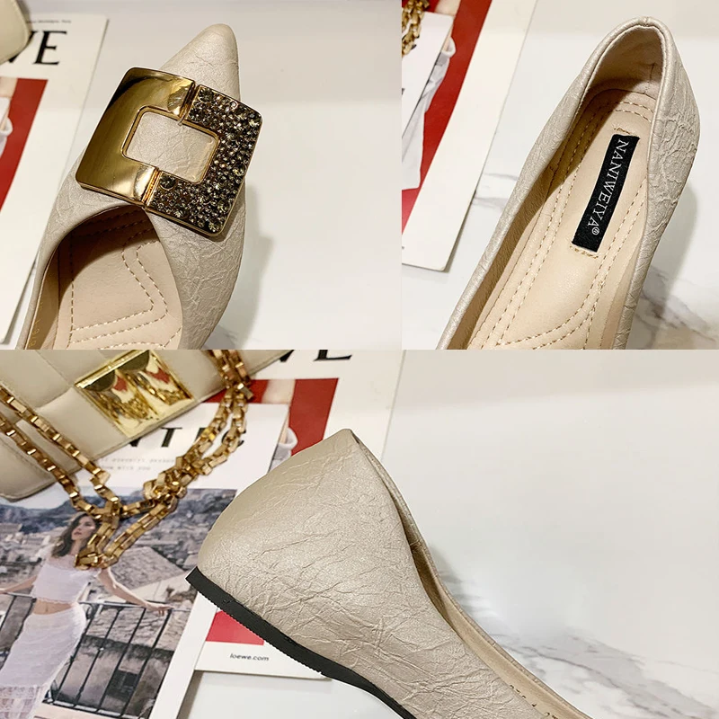

Blackish Green PU Soft Leather Shallow Metal Decoration Rhinestone Flat Shoes Fashion Light Wear Resistant Non-Slip Single Shoes