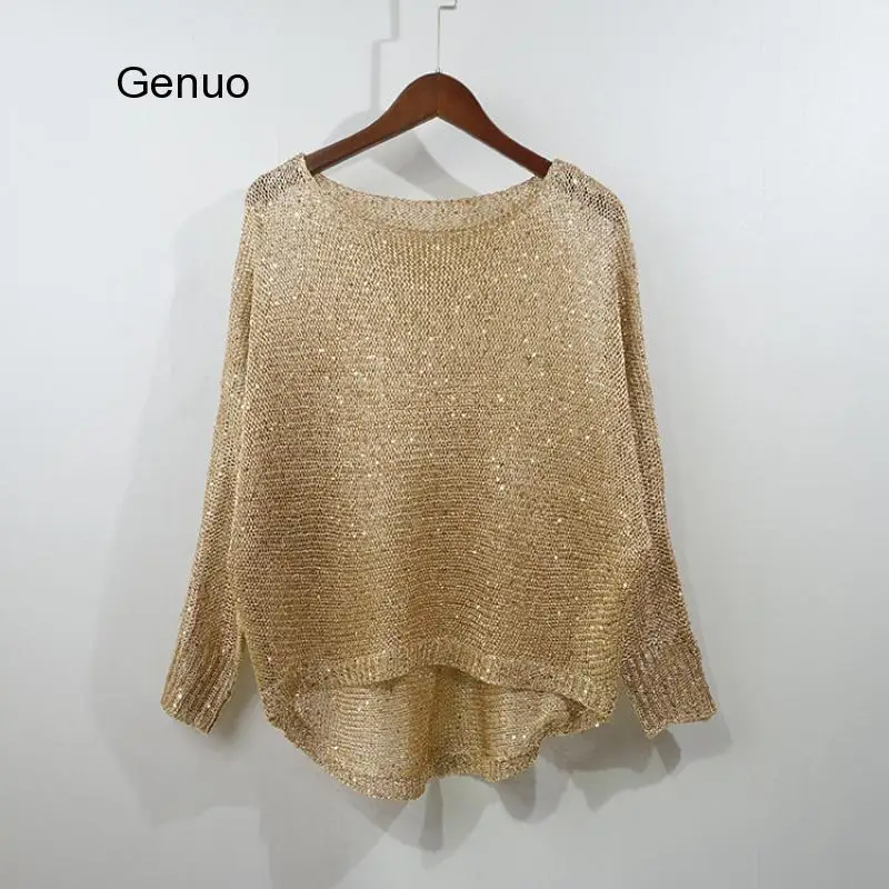 

Women Gold Lurex Knit Pullover T shirts Silver Thread Long Sleeve Slash Neck Shirts Loose See Through Shirt Top Female