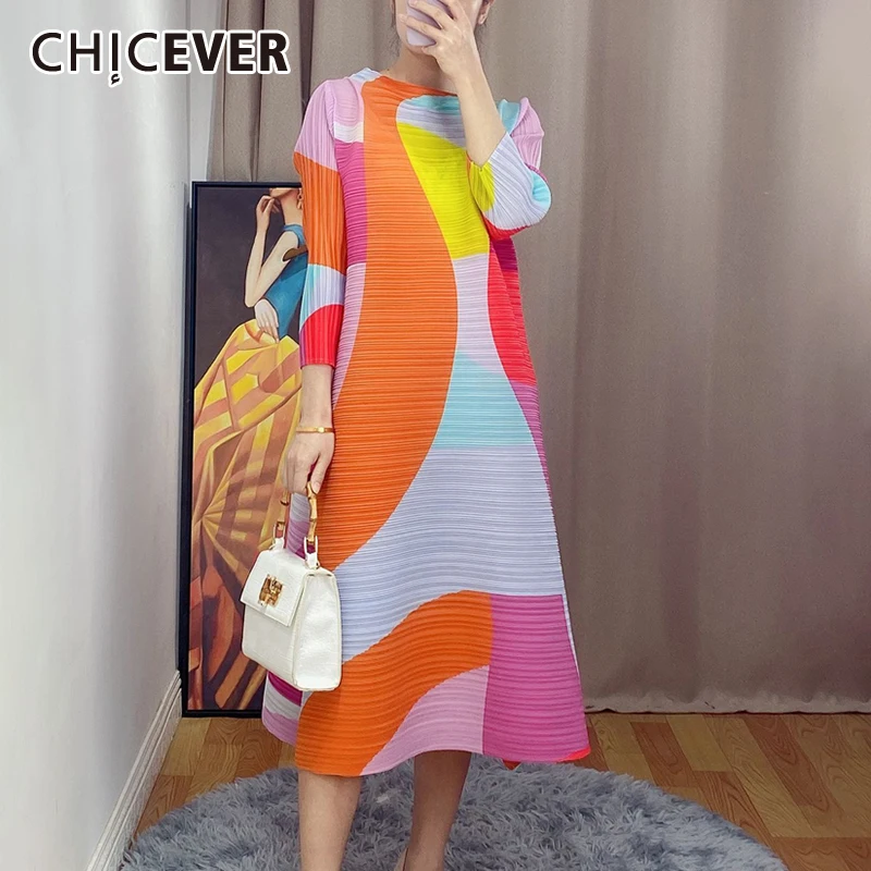 

CHICEVER платье с рюшами для женщин, с круглым вырезом, с длинным рукавом, средней длины, свободное, хит, цвет пэчворк, большие платья, женская мод...