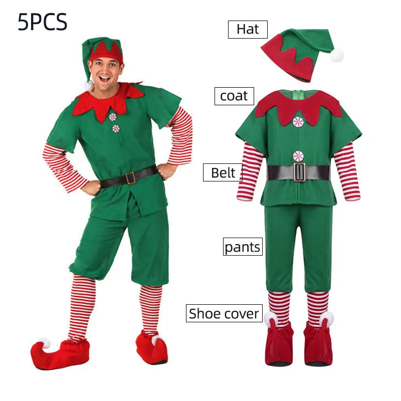 

Рождественский костюм Санта-Клауса для мужчин, женщин, девочек, мальчиков, костюм зеленого эльфа для косплея, семейная Рождественская вечер...