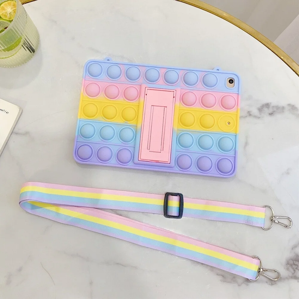 

Samsung Galaxy Tab A 8.0 2019 SM-T290 T295 T297 Lanyard Rainbow Pattern Soft Silicone Case With Stand 3D Decompression Particle