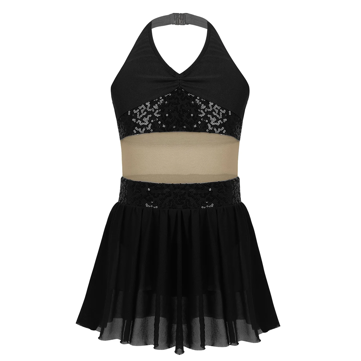 ChicTry Girls Halter Sequin Mesh Stretchy Figure Skating Dress Gymnastics Ballet Leotard Kids Performance Lyrical Dance Costumes