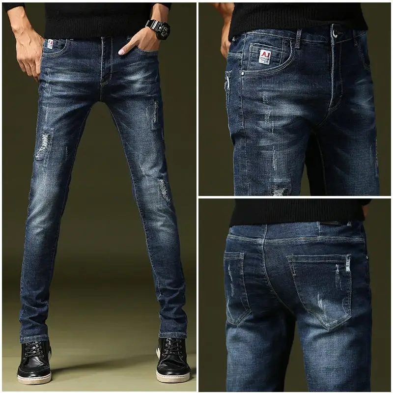 Men's Fashion Trend Elastic Embroidery Jeans Men Ripped Trousers Biker Denim Pants